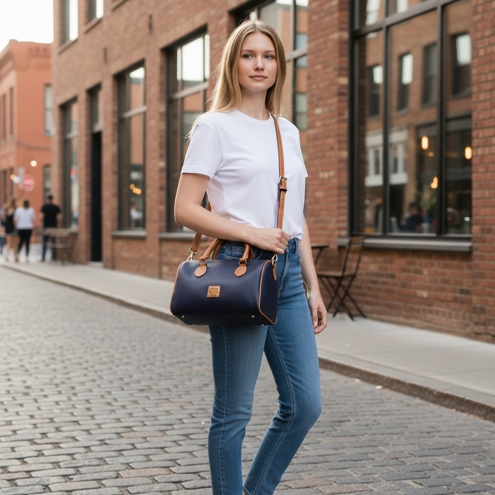 Dooney & Bourke Barrel Satchel 25 Small Marine Blue New Pebbled Leather Bag